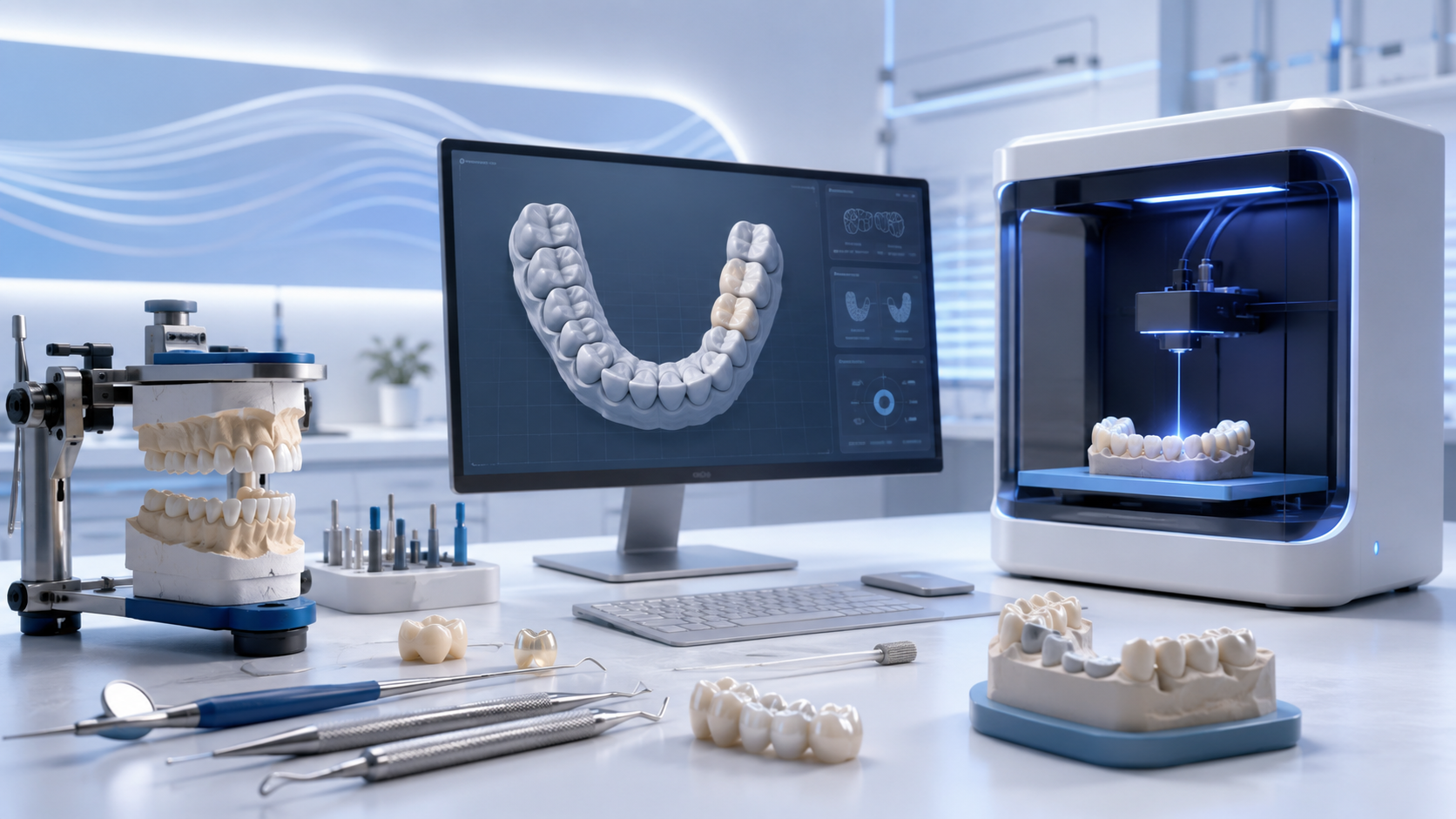 Equipamentos e modelos de prótese em laboratório digital