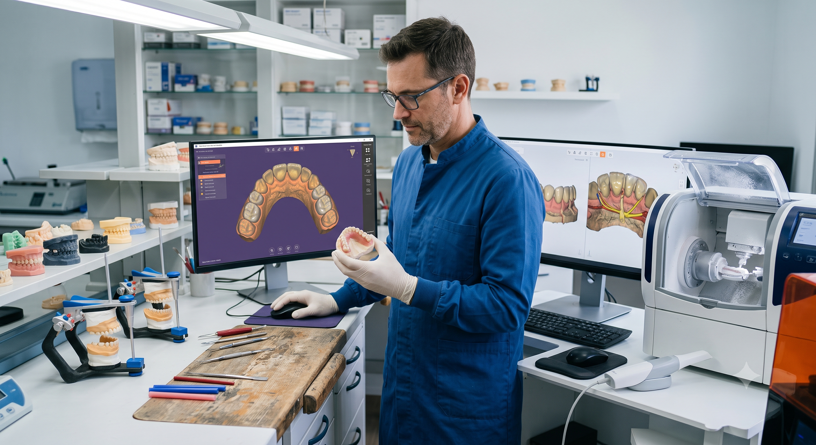 Protético trabalhando em um laboratório com fluxo digital